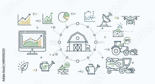 Illustration depicting smart farming and agricultural technology with various connected devices.