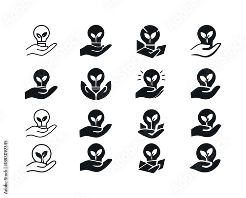 Startup Logo Variations. Startup incubators. Icon set. Set Logo of Startup incubators: lightbulb sprouting from a hand. harmonious logo variations of the same