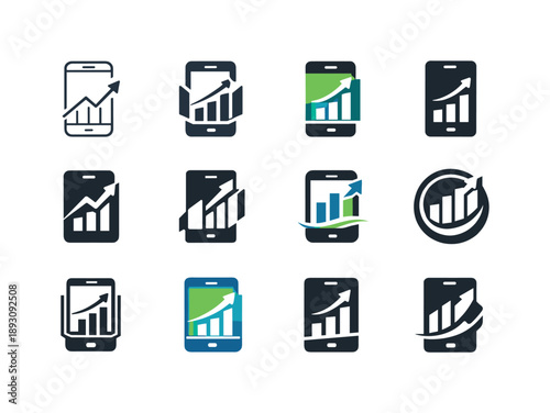 Financial App Icons. Using a financial app. Icon set. Set Logo of using a financial app: investment growth graph on phone. harmonious logo variations of the