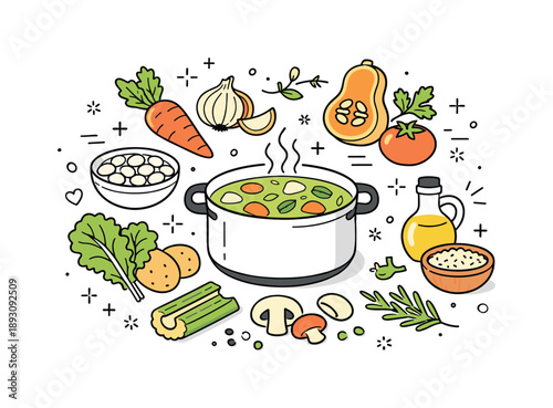 Winter Soup Ingredients. Winter soup healthy ingredients. Fresh vegetables and herbs suggesting warmth, nutrition, and homemade comfort. Soft, friendly