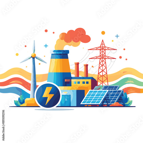 Colorful energy production scene with green technologies