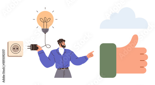 Creativity, innovation, energy solutions, positive feedback, teamwork, brainstorming. Man holding plug connected to lit bulb, cloud and thumbs-up symbols. Creativity and innovation concept