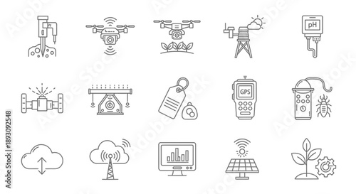 Collection of various icons representing modern agricultural technology and its applications.