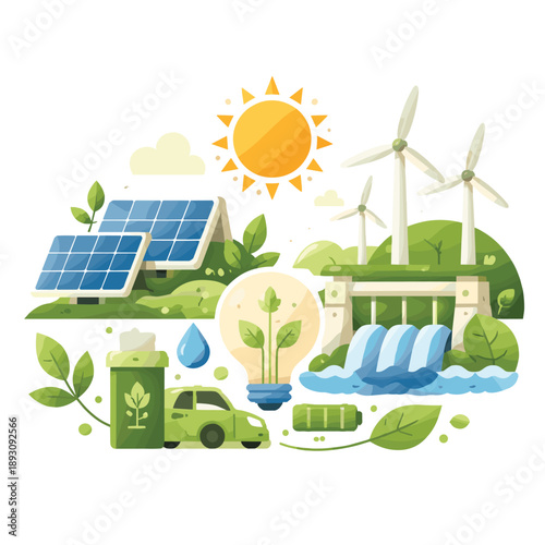 Sustainable energy landscape with solar panels and windmills