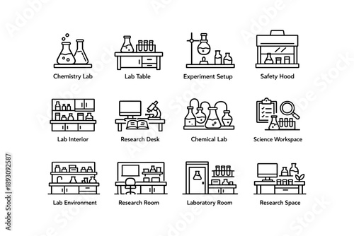 Chemistry and research lab elements including tables, experiment setup, safety, and equipment icons