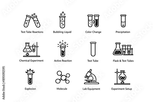 Scientific experiment symbols with test tubes, molecules, and microscope illustrations