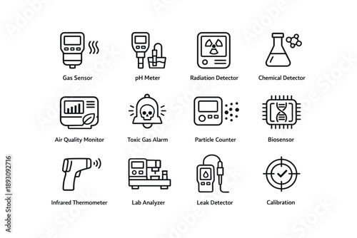 Laboratory equipment icons: sensors, detectors, analyzers, and monitors
