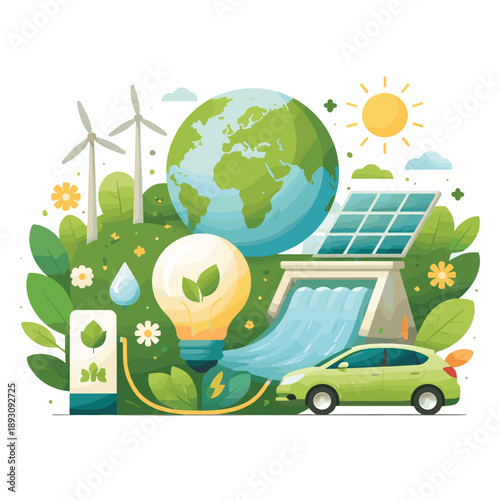 Green energy concept with solar, wind, and water resources