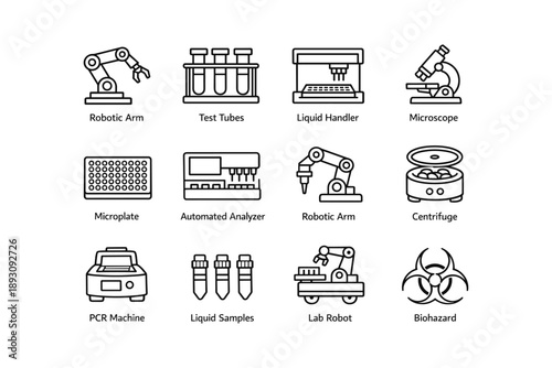 Laboratory equipment icons including robotic arm, microscope, and biohazard symbols