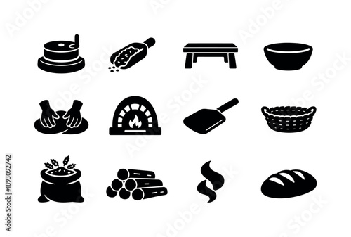 Traditional Bread Making. Traditional bread making. Solid icon set of traditional bread making: stone mill, wooden scoop, wooden table, rustic bowl, kneading