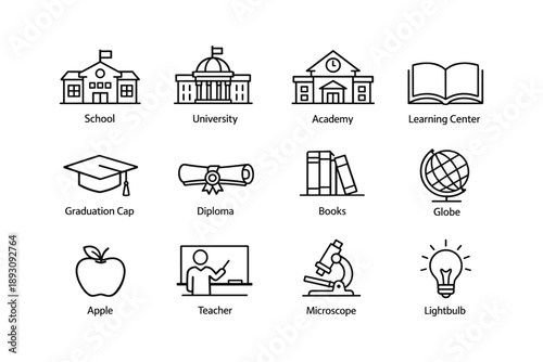 Educational icon set: school, university, teacher, learning tools, graduation