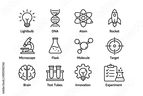 Science icons: lightbulb, dna, atom, rocket, and laboratory equipment