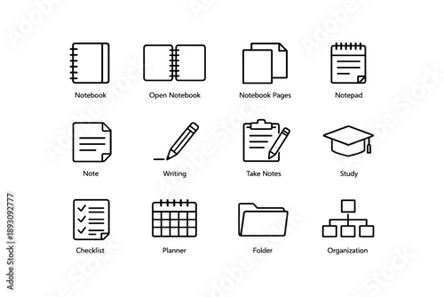 Notebook and office icons: stationery, writing, organization, study tools concept