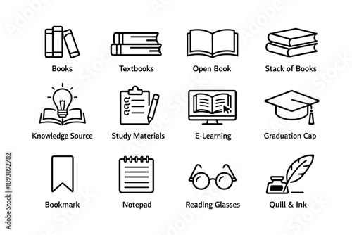Education tools and icons: books, e-learning, and study materials