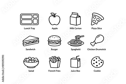 Food icons: lunch tray, apple, milk carton, pizza slice, and more