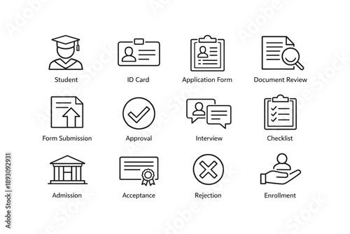 Academic and administrative icons for student and admission processes