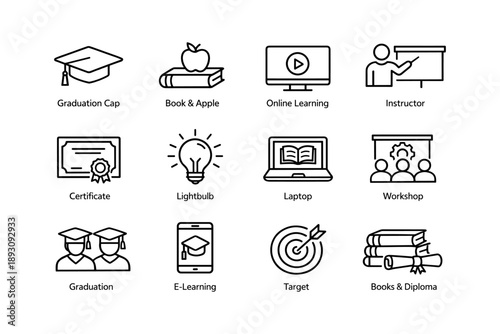 Education icons set: graduation cap, online learning, certificate, workshop, e-learning