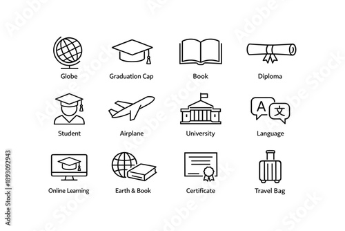 Educational icons featuring globe, graduation cap, book, diploma, and more