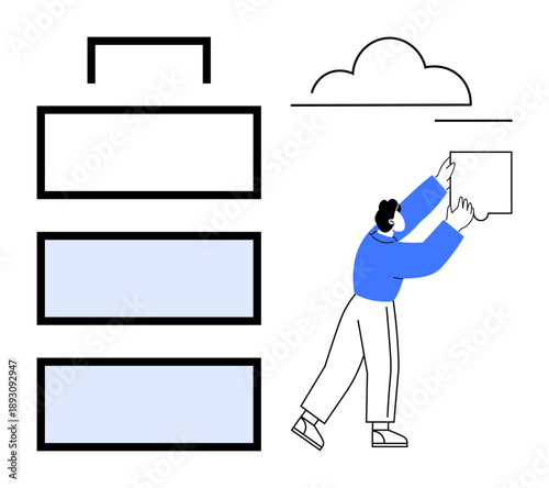 Cloud storage concept. Cloud storage showcased with stackable data blocks and a person organizing pieces. Cloud storage enables digital organization, accessibility, and efficiency. For technology