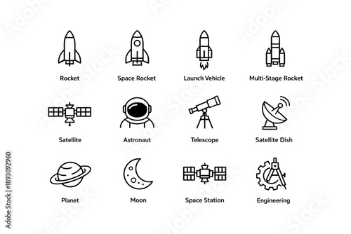 Space exploration icons: rockets, satellite, astronaut, telescope, satellite dish, planet, moon, space station, engineering