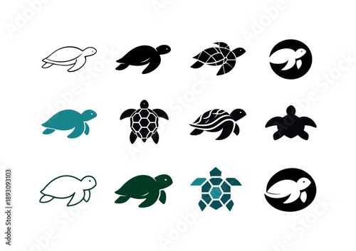 Turtle Logo Variations. Turtle. Icon set. Set Logo of Turtle: sea turtle swimming calmly. harmonious logo variations of the same emblematic concept, each with