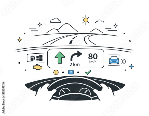 Minimalist Car Dashboard. Car dashboard with indicators navigation. A focused driving scene with a simplified steering wheel and dashboard displaying