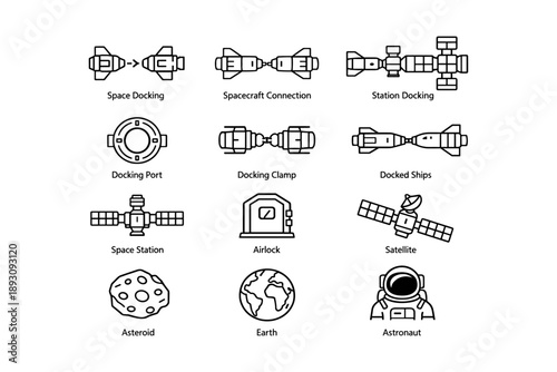 Spacecraft icons: docking, station, satellite, earth, astronaut