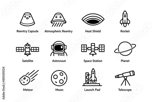 Space exploration icons: rocket, astronaut, satellite, space station, planet