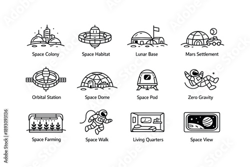Space habitat designs: colony, lunar base, zero gravity, space walk