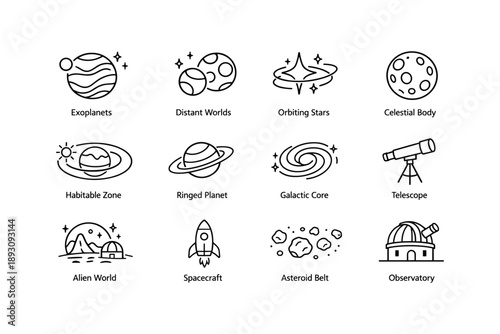 Space exploration icons: exoplanets, stars, planets, telescope, observatory