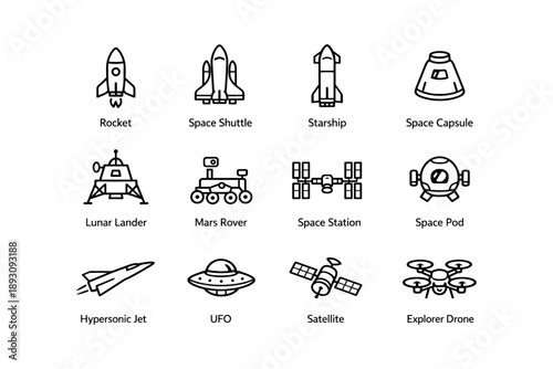 Collection of spacecraft icons: rocket, shuttle, rover, capsule, satellite, drone
