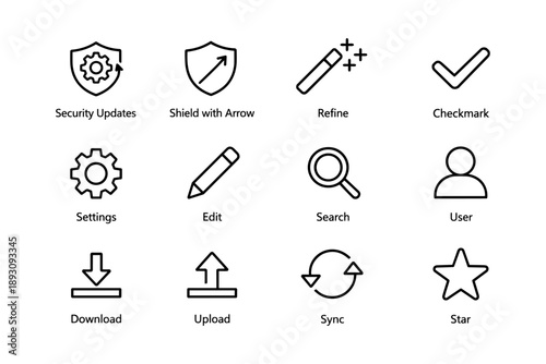 Essential interface icons: security, editing, synchronization, and user tools