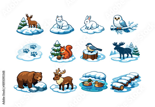 Winter Animal Icons. Snowy landscapes with animals in winter habitats. Colorful isometric vector icons set of snowy landscapes with animals in winter habitats: