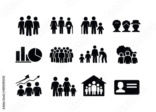 Diverse Population Icons. Population Groups. Solid icon set of Population Groups: people icon set, gender diversity, age groups, ethnic mix, demographic chart,