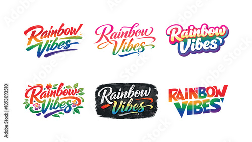 Harmonious Lettering Variations. Brush Script Rainbow Vibes. Set lettering. harmonious lettering variations of the same emblematic concept, each with different