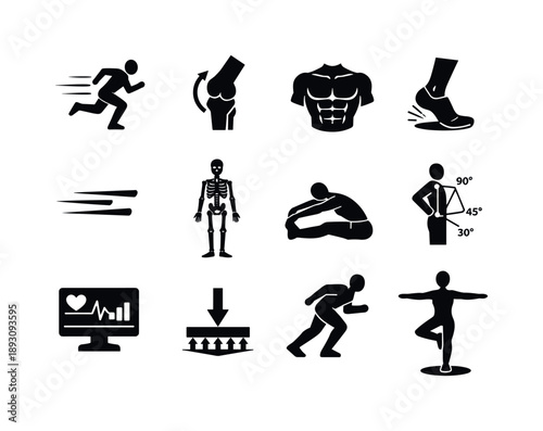 Sports Biomechanics Icons. Biomechanics in sports and human performance. Solid icon set of biomechanics in sports and human performance: running motion, joint