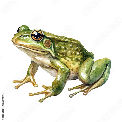 Bullfrog, watercolor painting with colorful accents, isolated on a white background.