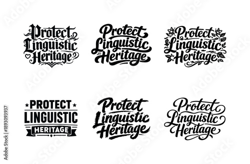 Harmonious Lettering Variations. Protect linguistic heritage. Set lettering. harmonious lettering variations of the same emblematic concept, each