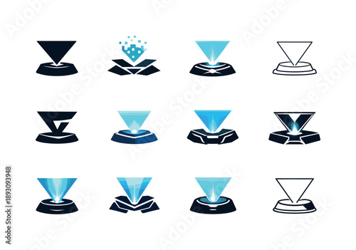 Tech Logo Variations. Tech gadget display. Icon set. Set Logo of Tech gadget display: holographic tech stand. harmonious logo variations of the same emblematic