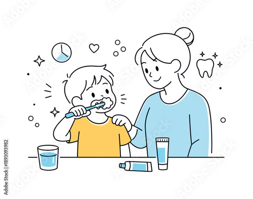 Child's Brushing Routine. Brushing teeth child routine. A child brushing teeth with a parent nearby offering gentle support. Learning healthy habits in a warm,