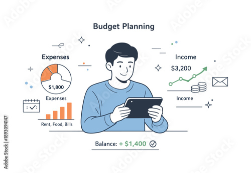 Financial Clarity Illustration. Budget planning overview. Professional reviewing expenses and income charts on a tablet, calm focus on financial clarity. Clean