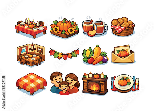 Autumn Celebration Icons. Autumn Gathering. Colorful isometric vector icons set of Autumn Gathering: fall-themed table, pumpkin centerpiece, apple cider mugs,