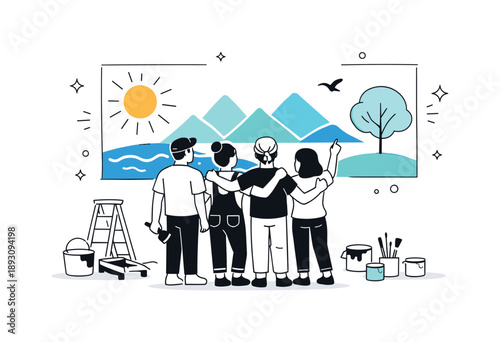 Mural Creation Celebration. People painting mural finishing touch. A group stepping back to look at the completed mural together. Sense of achievement, pride,