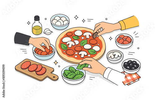 Homemade Pizza Gathering. Pizza night at home. A simple tabletop scene with homemade pizza ingredients, hands reaching for toppings, warm and
