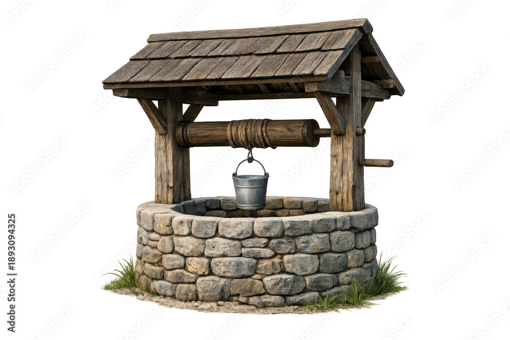 Naklejka premium Wishing well with stone wall and wooden roof structure, having a bucket and rope windlass, transparent background