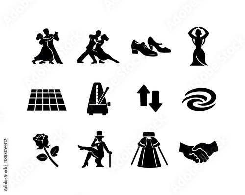 Ballroom Dance Icons. Ballroom dance. Solid icon set of ballroom dance: waltz couple, tango stance, ballroom shoes, elegant frame pose, dance floor outline,