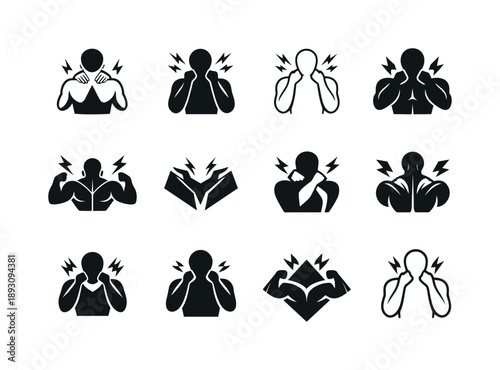 Stress Reaction Icons. How our body reacts to stress. Icon set. Set Logo of How our body reacts to stress: muscle tension. harmonious logo variations of the