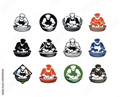 Baker Logo Variations. A baker kneading dough by hand on a flour-covered surface. Icon set. Set Logo of a baker kneading dough by hand on a flour-covered