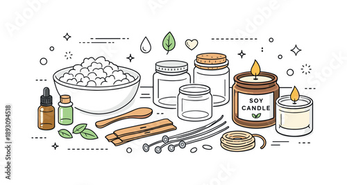 Eco-Friendly Candle Making. Soy wax candles. Natural ingredients like soy flakes, wicks, and jars laid out neatly, clean and organized workspace. Emphasis on