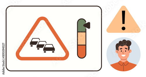 Traffic management, safety awareness, warning systems, road alerts, congestion monitoring, urban planning. Image features cars, a warning sign a gauge and a smiling character. Traffic management